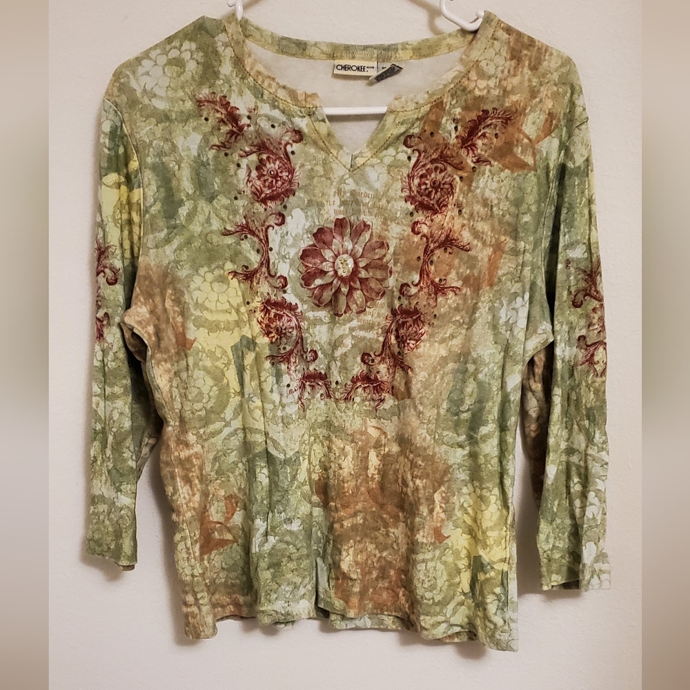 Vintage Y2K 90s Cherokee Colorful Floral Women's Top 3/4 Sleeve
